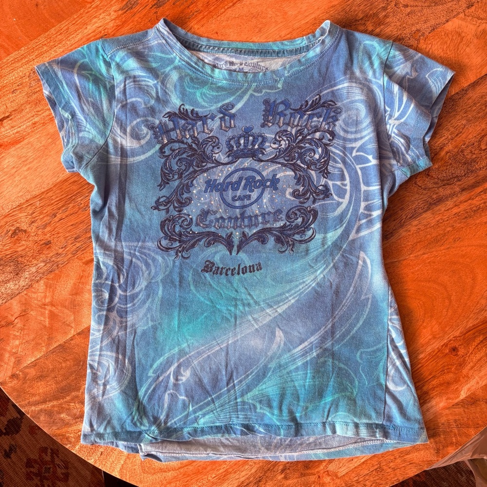 Y2K Barcelona Hard Rock Cafe couture blue tie dye shirt